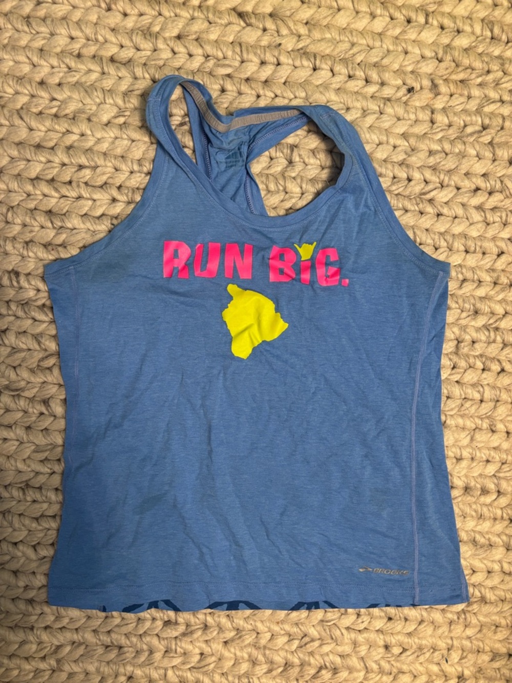 Blue 'RUN BIG.' Racerback Tank with Pink & Yellow Graphic